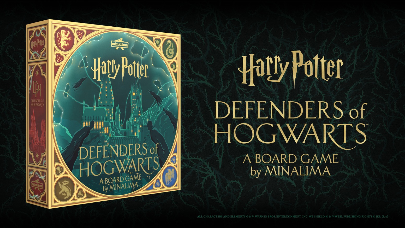Defenders of Hogwarts — official Kickstarter campaign artwork showing the game box among flames (© MinaLima)