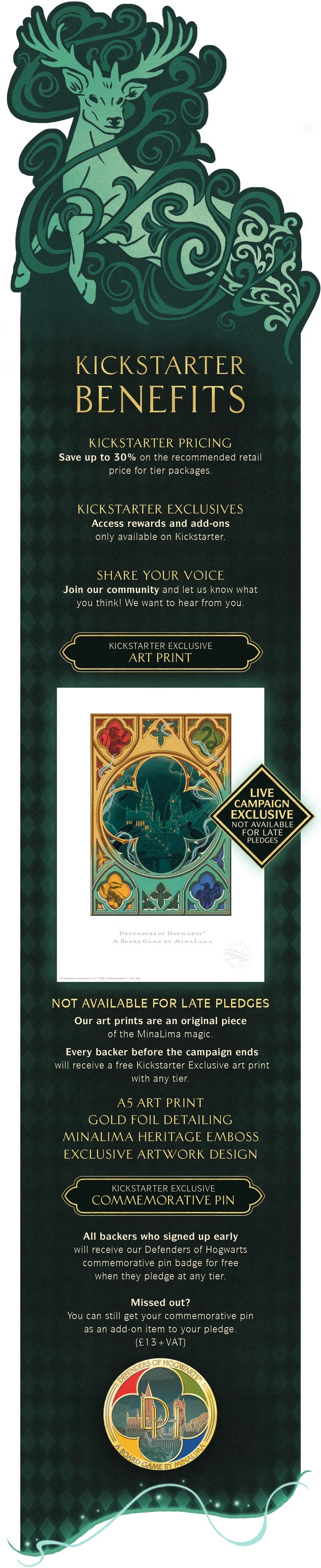 Official campaign infographic: Kickstarter Benefits — pricing saving, exclusives and the exclusive art print